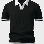 Texture Contrast Knitted V Neck Polo Shirt & Slim Fit Tapered Trousers