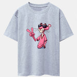 Pink Panther With V Sign Print Drop Shoulder Oversize T-Shirt