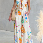 Adjustable Strap Tie Knot Front Unique Print Wide Leg Jumpsuit