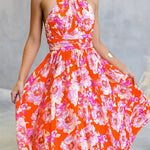 Halter Backless Waisted Floral Print Swing Maxi Dress