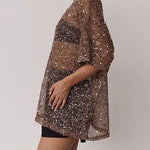 Round Neck Half Sleeves Crochet Hollow Out Sequin Top