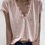 Margovil  V Neck Solid Lace Blouse Top