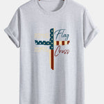 Regular Fit Retro American Flag Cross Print Cotton T-Shirt