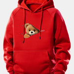 Zipper Bear Print Drawstring Hoodie