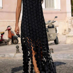 Juju Embroidered Cutout Polka Dots Square Neck Tassel Hem Slip Maxi Dress
