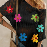 Hollowed Crochet Colorful Flower Loose Knit T Shirt