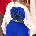Long Sleeves Loose Asymmetric Elasticity Flower Print One-Shoulder Blouses&Shirts Tops