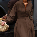 Loose Puff Sleeves Pleated Solid Color Split-Joint Lapel Maxi Dresses Shirt Dress
