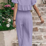 Casual loose solid color short-sleeved wide-leg pants two-piece set