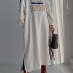 Original Loose Long Sleeves Letter Print Split-Side Split-Joint Round-Neck Midi Dresses