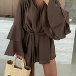 Molly Linen Blend Tiered Bell Sleeve Tie-up Cover-up Mini Dress