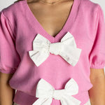 V-Neck Short-Sleeved Double Bow Solid Color Sweater