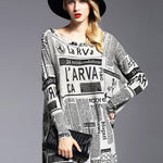 Vintage Loose One-Shoulder Newspaper Printed Split-Joint Sweater