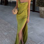 Margovil High Slit Back Drape Cascading Satin Maxi Cami Dress