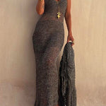 V Neck Hollow Out Sleeveless Maxi Sweater Dress