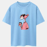Pink Panther Drinking Coffee Print Drop Shoulder Oversize T-Shirt