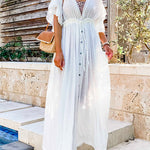 Deep V Neck Drawstring Waist Button Down Maxi Beach Cover Up Dress