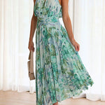 Margovil V Neck Waisted Cut Out Floral Pleated Maxi Dress