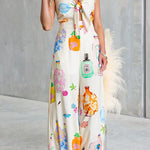 Adjustable Strap Tie Knot Front Unique Print Wide Leg Jumpsuit