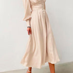 Margovil V Neck Puff Sleeve Waisted Ruffle Satin Dress