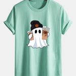 Regular Fit Halloween Ghost Coffee Print Cotton T-Shirt