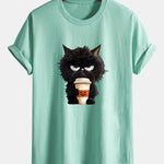 Regular Fit Black Cat Drinking Coffee Print Cotton T-Shirt
