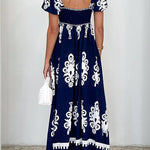 Square Neck Backless Abstract Print Maxi Dress