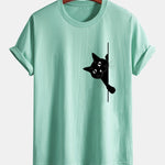 Regular Fit Black Cat Print Cotton T-Shirt