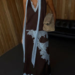 Sleeveless V Neck Lace Trim Satin Scarf Top