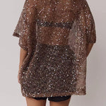 Round Neck Half Sleeves Crochet Hollow Out Sequin Top