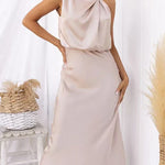 High Neck Zipper Back Waisted Satin Midi Dress