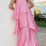 Margovil Spaghetti Strap Ruffle Layered Satin Maxi Dress