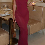 U Neckline Slim Fit See Through Hem Slip Maxi Dresses-Burgundy