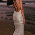 Midnight Fantasy Sequin Mesh Shoulder Strap Open Back Stretch Maxi Dress