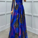 Lucia Unique Print Floral Detail One Shoulder Draped Sleeve Gown Maxi Dress