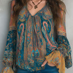 Bohemian Teal & Amber Paisley Chiffon Blouse With Ruffled Cuffs