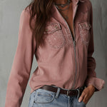 Western Soft Faded Dusty Rose Washed Denim Zip Shirt