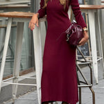 Column Ribbed Maxi Dress with Crew Neck in Burgundy