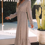 Smoke Gray Dotty Print Button V Neck Long Sleeve Ruffled Dress