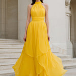 Yellow Halter Neck Pleated Chiffon Maxi Dress With Tiered Hem