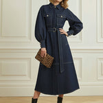 Puff Sleeves Belted Buttoned Pockets Split-Joint Lapel Midi Dresses