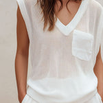 Quiet Luxury Ivory Knit Sleeveless V-Neck Top & Drawstring Shorts Set