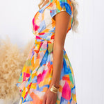 Wrap V Neck Tie Waist Printed Ruffle Mini Dress