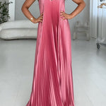 Strapless V Neck Pleated Swing Maxi Party Dress