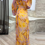Margovil Off Shoulder Rhinestones Detail Printed Slit Pleated Maxi Dress