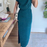 Mockneck Short Sleeves Waisted Side Slit Midi Dress