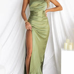 Sleeveless One Shoulder Ruched Side Slit Maxi Dress