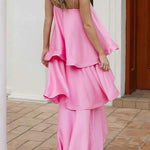 Margovil Spaghetti Strap Ruffle Layered Satin Maxi Dress