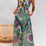 Spaghetti Strap Tie Knot Front Wide Leg Printed Jumpsuit