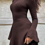 Margovil High Neck Long Sleeves Ribbed Knit Mini Sweater Dress